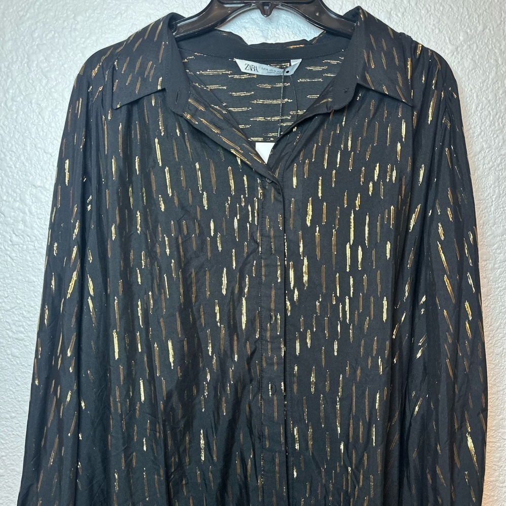 NWT ZARA Women’s Black and Gold Metallic Shirt Dress Size XL - Picture 4 of 10